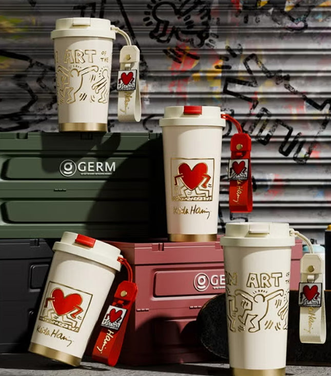 Keith Haring Coffee Tumbler – Red 390ml | GERM | Stainless Steel Insulated Mug | Official Licensed Art Series | Keeps Hot & Cold