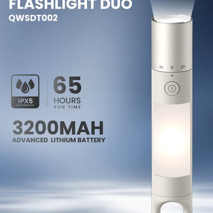 USB-C Rechargeable Flashlight Duo with Dual Light Source, 1000 Lumens, 65H Runtime, Colorful Ambient Lighting, SOS & Strobe Modes, Magnetic Mount & Multi-Hanger Design – QWSDT008