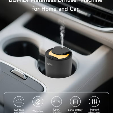 Waterless Nebulizing Aromatherapy Diffuser – Portable Fluid Fine‑Mist Essential Oil Diffuser for Car| USB 5V & Type‑C Rechargeable, 2 000 mAh Battery, Low‑Noise (< 41 dB) Air Mist Machine with 15 mL Cote d’Azur Oil Included, AD03-Black