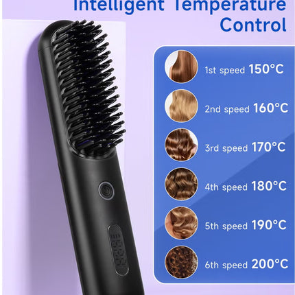 Cordless Hair Straightener Comb Detachable for Easy Clean, 200M Ions, 6 Speed Smart Temp, Dual Charging, Ideal for On - the - Go Styling - Black