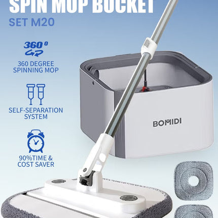 Spin Mop Bucket Set, 360 Degree Foldable Spinning Mop with Self Separation Dirty and Clean Water System, Easy Wring Floor Mop with Detachable Mop Heads for Floor Cleaning on Home Kitchen M20-Grey
