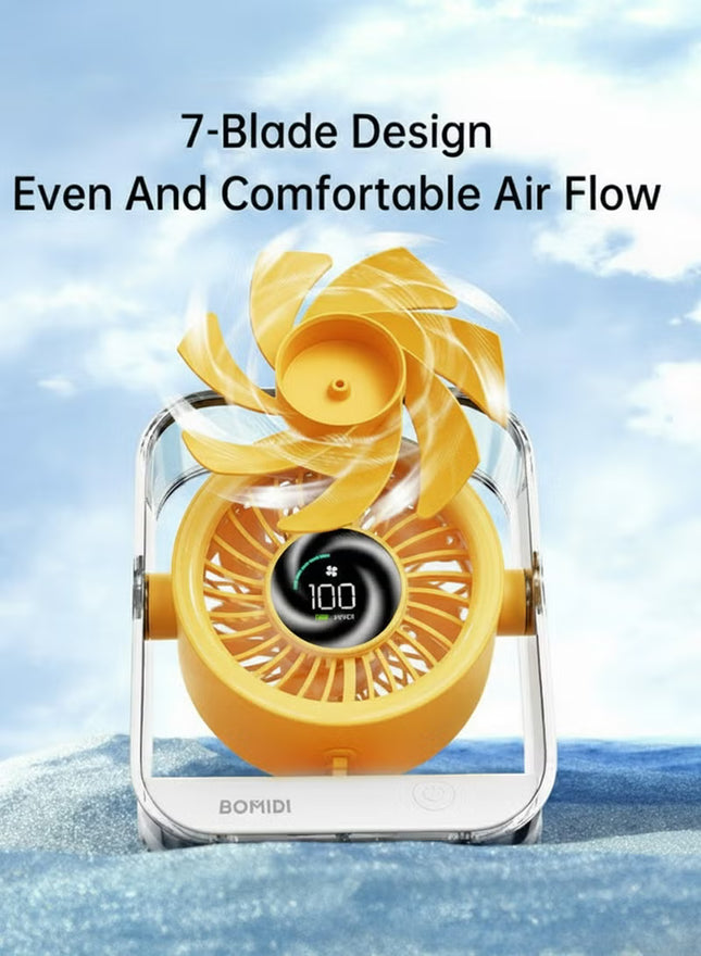 Portable 7-Blade Desktop Fan with LED Digital Display, 3000mAh Rechargeable Battery, Quiet Brushless Motor, Adjustable Angle, Type-C USB Charging – Mini Table Fan for Home, Office, Travel & Outdoor Use