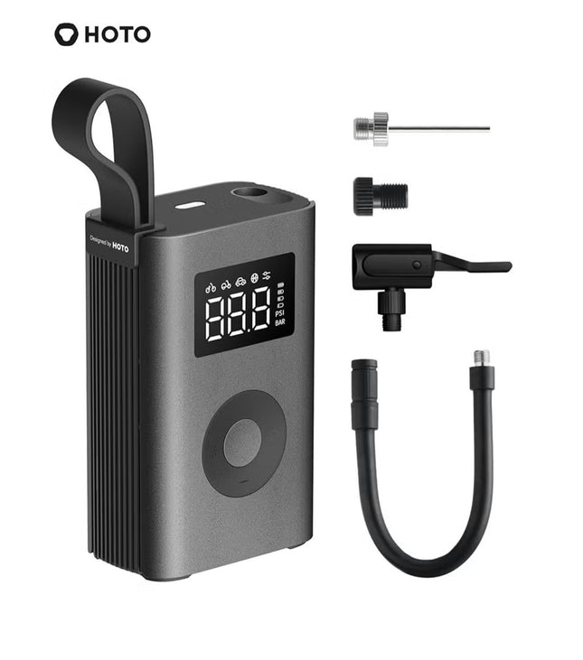 Compact Smart Inflator – HOTO Inflatable Treasure with Auto-Stop, Built-in Tire Pressure Gauge, 2000mAh Dual Lithium Battery, Fast Inflation for Tires, Balls & More – Black – QWCQA001