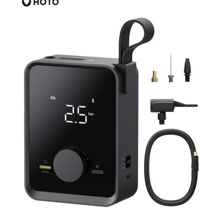 Portable Electric Air Pump for Car, Bike & Ball – HOTO Inflatable Treasure PRO, 12V Cordless Tire Inflator with LED Display, 4 Preset Modes, Quick-Connect Hose, 2500mAh Rechargeable Battery, USB Charging – Black