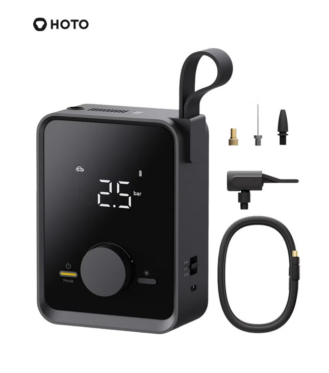 Portable Electric Air Pump for Car, Bike & Ball – HOTO Inflatable Treasure PRO, 12V Cordless Tire Inflator with LED Display, 4 Preset Modes, Quick-Connect Hose, 2500mAh Rechargeable Battery, USB Charging – Black