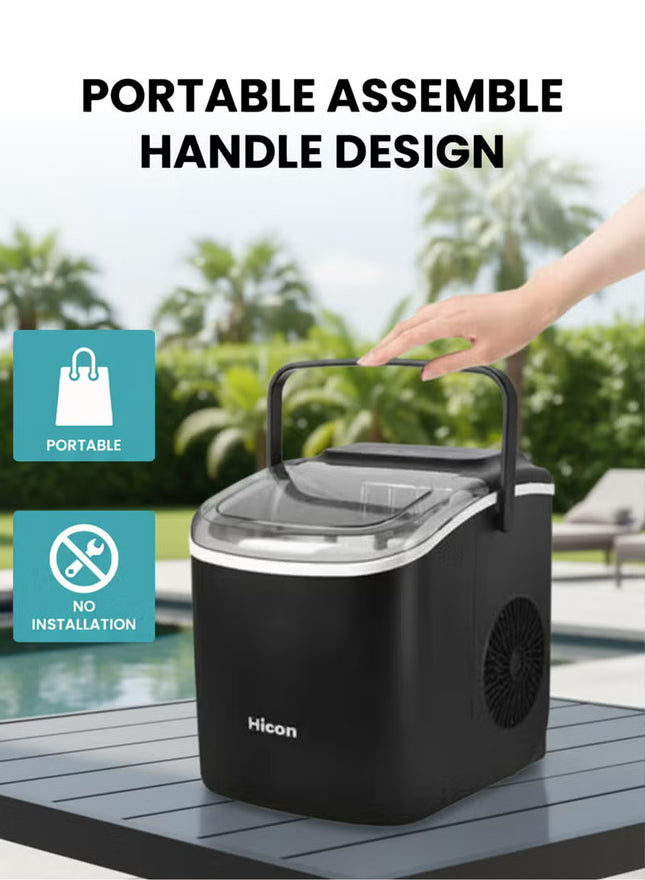 Automatic Ice Maker, 15kg 24hrs Ice Production, Round lce Cube Shape,1.3 Liter Capacity With 6-13mins Ice Making, LED Display 6.2kg 110W for Home Kitchen, Bars, Coffee Shops, Restaurant HZB-16M-Black