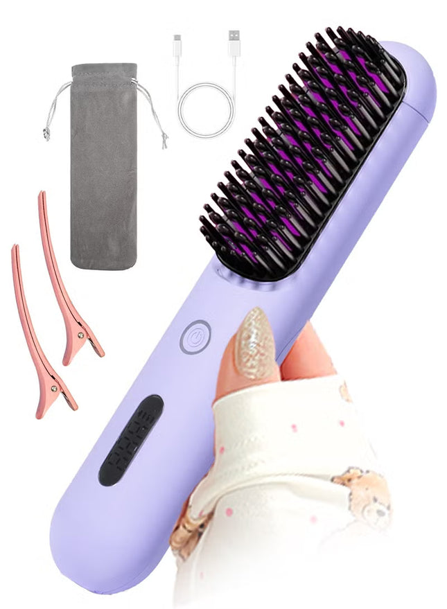 Cordless Hair Straightener Comb Detachable for Easy Clean , 200M Ions, 6 Speed Smart Temp, Dual Charging, Ideal for On - the - Go Styling - Purple