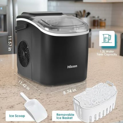 Automatic Ice Maker, 15kg 24hrs Ice Production, Round lce Cube Shape,1.3 Liter Capacity With 6-13mins Ice Making, LED Display 6.2kg 110W for Home Kitchen, Bars, Coffee Shops, Restaurant HZB-16M-Black