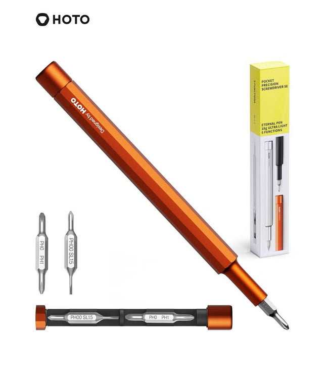 Precision Pocket Screwdriver Pen – HOTO Pocket Multi-Tool with 5 Bits, Soft Pencil Tip, Magnetic Storage, Premium Aluminum Body – Red – QWLSD013