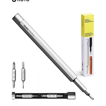 Precision Pocket Screwdriver Pen – HOTO Little Pocket Multi-Tool with 5 Bits, Soft Pencil Tip, Magnetic Storage, Premium Aluminum Build – Silver – QWLSD013