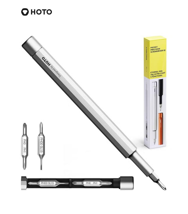 Precision Pocket Screwdriver Pen – HOTO Little Pocket Multi-Tool with 5 Bits, Soft Pencil Tip, Magnetic Storage, Premium Aluminum Build – Silver – QWLSD013