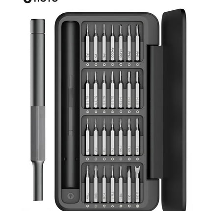 Precision Screwdriver Set – 28 S2-Steel Bits, 360° Free-Rotating Lid, Magnetic Storage, Semi-Auto Box Cover – USB Rechargeable