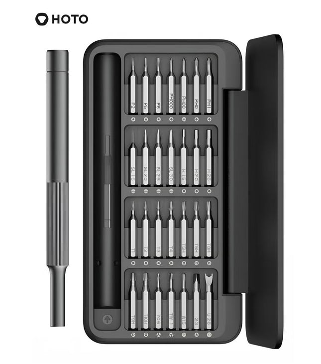 Precision Screwdriver Set – 28 S2-Steel Bits, 360° Free-Rotating Lid, Magnetic Storage, Semi-Auto Box Cover – USB Rechargeable