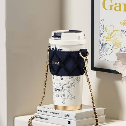 Oriental Blue Floral Thermos Tumbler 500ml | GERM × THE MET Regal Bloom Series Vacuum Mug | BPA-Free Stainless Steel Insulated Cup with Straw Lid | Hot & Cold Travel Bottle | Leak-Proof Art-Inspired Design