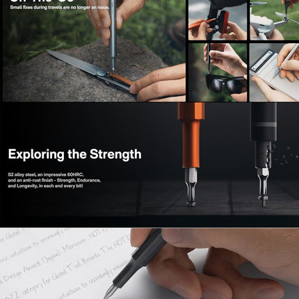 Precision Pocket Screwdriver Pen – HOTO Little Pocket Multi-Tool with 5 Bits, Soft Pencil Tip, Magnetic Storage, Premium Aluminum Build – Silver – QWLSD013