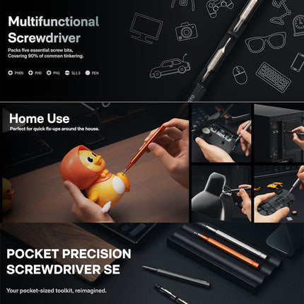 Precision Pocket Screwdriver Pen – HOTO Little Pocket Multi-Tool with 5 Bits, Soft Pencil Tip, Magnetic Storage, Premium Aluminum Build – Silver – QWLSD013