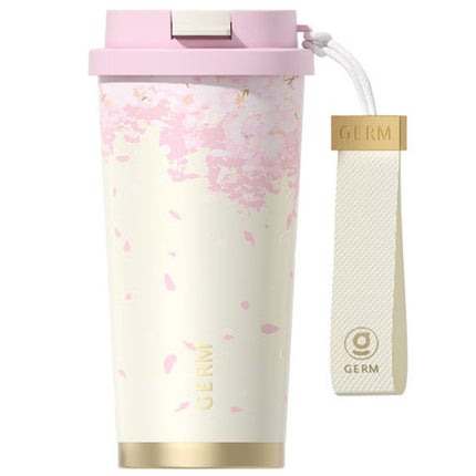 White Sakura Coffee Tumbler 500ml | GERM Flower Series Stainless Steel Insulated Travel Mug with Straw Lid | BPA-Free Leak-Proof Vacuum Flask | Elegant Hot & Cold Reusable Thermos Cup for Office & Daily Use
