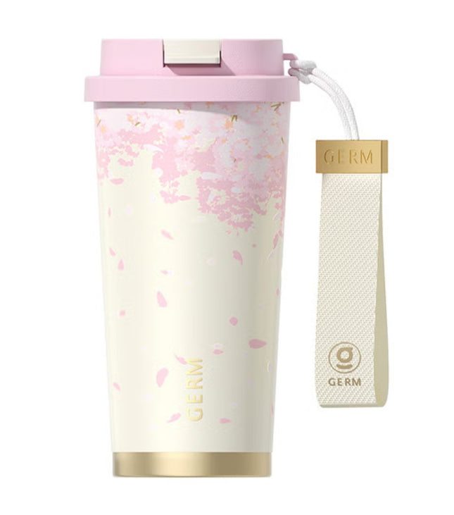 White Sakura Coffee Tumbler 500ml | GERM Flower Series Stainless Steel Insulated Travel Mug with Straw Lid | BPA-Free Leak-Proof Vacuum Flask | Elegant Hot & Cold Reusable Thermos Cup for Office & Daily Use