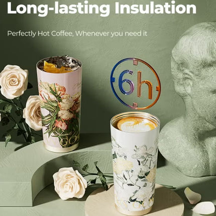 Van Gogh White Roses Stainless Steel Tumbler 500ml | GERM × The MET Insulated Vacuum Cup with Straw Lid | BPA-Free, Leak-Proof Thermos | Hot & Cold Travel Mug for Office, School, Car, Gym | Artistic Floral Design