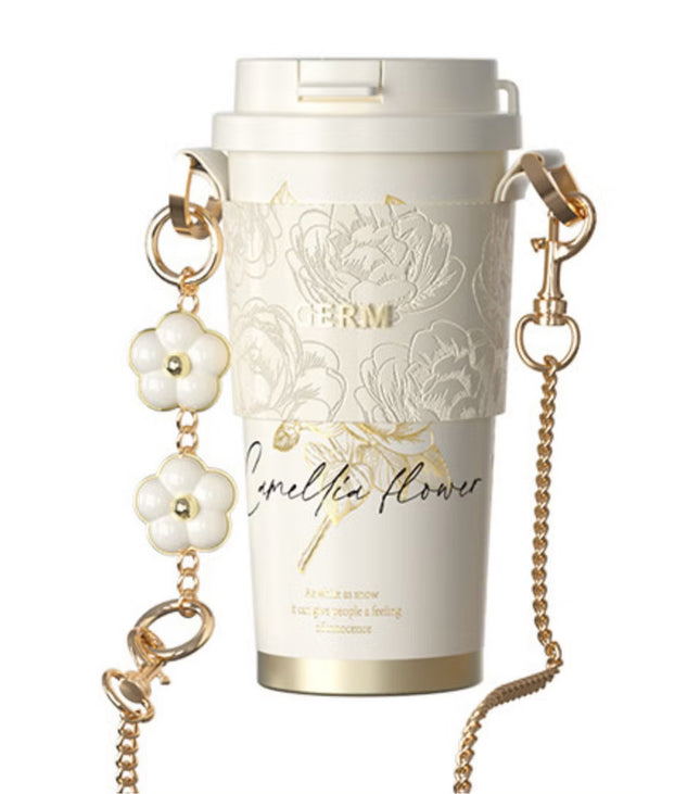 Insulated Stainless Steel Tumbler 500ml – Snow White Camellia Design | GERM Vacuum Thermos with Straw Lid | Hot & Cold Travel Mug | BPA-Free Reusable Coffee Cup for Work, School, Car, Gym | Leak-Proof Flask