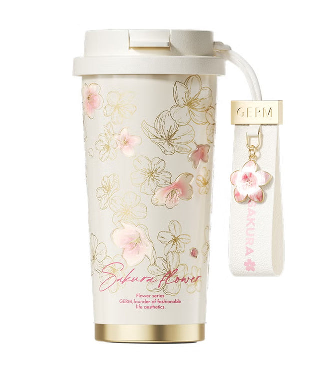Sakura Shining Coffee Tumbler 500ml | GERM Flower Collection Stainless Steel Vacuum Flask with Straw Lid | BPA-Free Leak-Proof Travel Mug | Reusable Insulated Hot & Cold Drink Cup | Elegant Cherry Blossom Design
