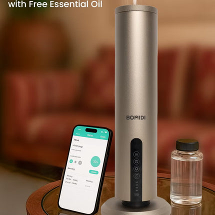 BOMIDI Waterless Aromatherapy Diffuser with 120ML Sandalwood Essential Oil – Smart Bluetooth & Touch Screen Scent Machine for Home, Office & Commercial Use (Venturi Tech, 100m² Coverage), BOMIDI AD02 Gold