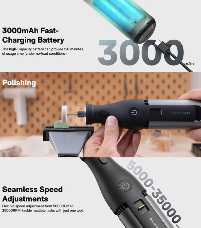 Electric Grinder – HOTO 12V Multi-Speed Rotary Tool, 35,000 RPM, Ergonomic & Lightweight Design for DIY & Home Projects – Gray – QWLDM002