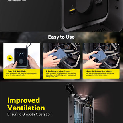 Portable Electric Air Pump for Car, Bike & Ball – HOTO Inflatable Treasure PRO, 12V Cordless Tire Inflator with LED Display, 4 Preset Modes, Quick-Connect Hose, 2500mAh Rechargeable Battery, USB Charging – Black