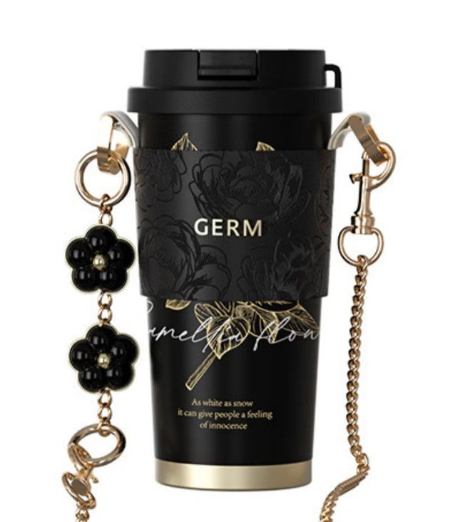 Black & Golden Coffee Tumbler 500ml | GERM Camellia Shining Series Stainless Steel Vacuum Flask with Straw Lid | BPA-Free Leak-Proof Travel Mug | Hot & Cold Insulated Reusable Cup | Stylish Metallic Thermos