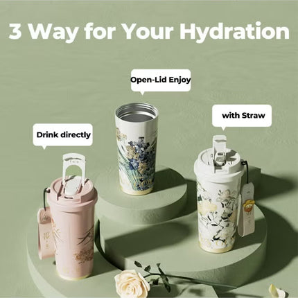 Van Gogh White Roses Stainless Steel Tumbler 500ml | GERM × The MET Insulated Vacuum Cup with Straw Lid | BPA-Free, Leak-Proof Thermos | Hot & Cold Travel Mug for Office, School, Car, Gym | Artistic Floral Design