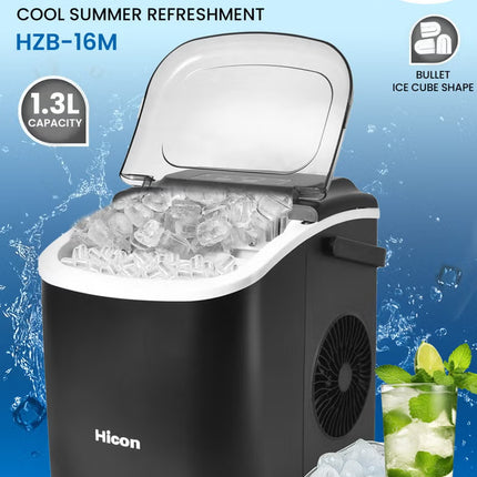 Automatic Ice Maker, 15kg 24hrs Ice Production, Round lce Cube Shape,1.3 Liter Capacity With 6-13mins Ice Making, LED Display 6.2kg 110W for Home Kitchen, Bars, Coffee Shops, Restaurant HZB-16M-Black