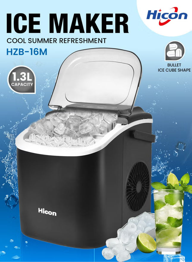Automatic Ice Maker, 15kg 24hrs Ice Production, Round lce Cube Shape,1.3 Liter Capacity With 6-13mins Ice Making, LED Display 6.2kg 110W for Home Kitchen, Bars, Coffee Shops, Restaurant HZB-16M-Black