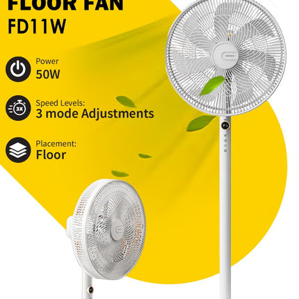 Deerma High-Power 16" Pedestal Floor Fan with 7 Biomimetic Leaf Blades, Wide-Angle Oscillation, 4 Height Levels, 3-Speed Settings, Touch Controls, LED Display DEM-FD11W White