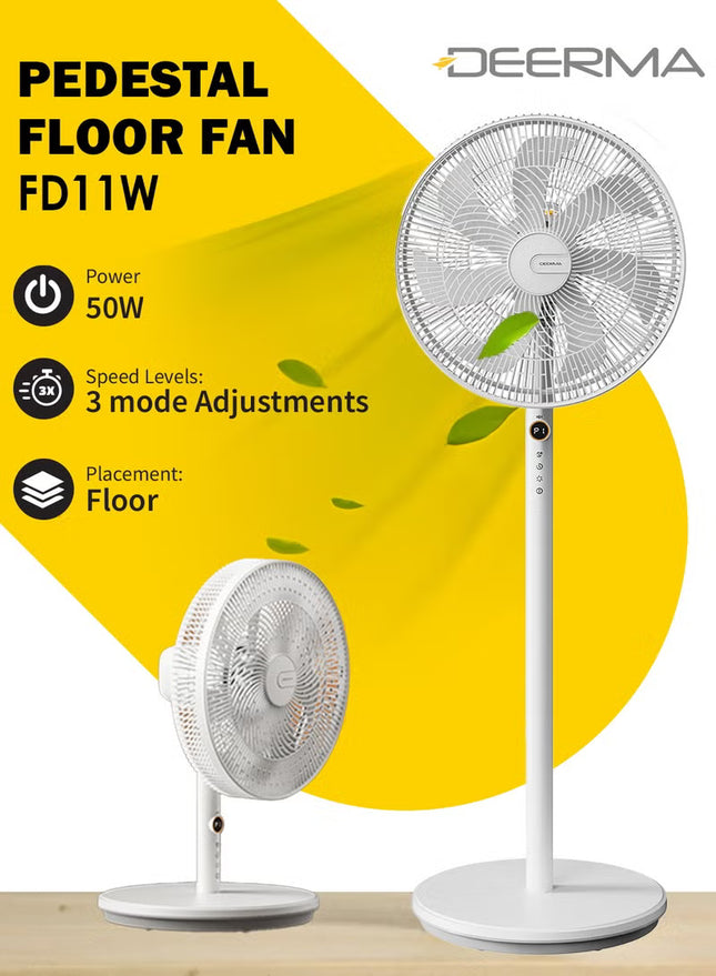 Deerma High-Power 16" Pedestal Floor Fan with 7 Biomimetic Leaf Blades, Wide-Angle Oscillation, 4 Height Levels, 3-Speed Settings, Touch Controls, LED Display DEM-FD11W White