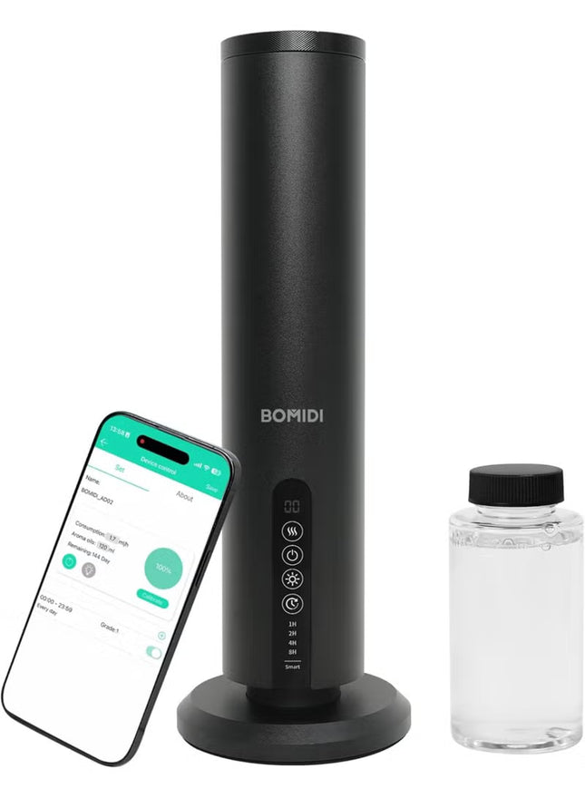 BOMIDI Waterless Aromatherapy Diffuser with 120ML Sandalwood Essential Oil – Smart Bluetooth & Touch Screen Scent Machine for Home, Office & Commercial Use (Venturi Tech, 100m² Coverage), BOMIDI AD02 Black