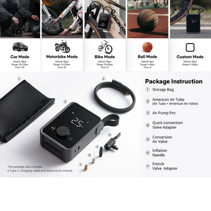 Portable Electric Air Pump for Car, Bike & Ball – HOTO Inflatable Treasure PRO, 12V Cordless Tire Inflator with LED Display, 4 Preset Modes, Quick-Connect Hose, 2500mAh Rechargeable Battery, USB Charging – Black