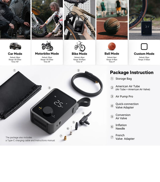 Portable Electric Air Pump for Car, Bike & Ball – HOTO Inflatable Treasure PRO, 12V Cordless Tire Inflator with LED Display, 4 Preset Modes, Quick-Connect Hose, 2500mAh Rechargeable Battery, USB Charging – Black