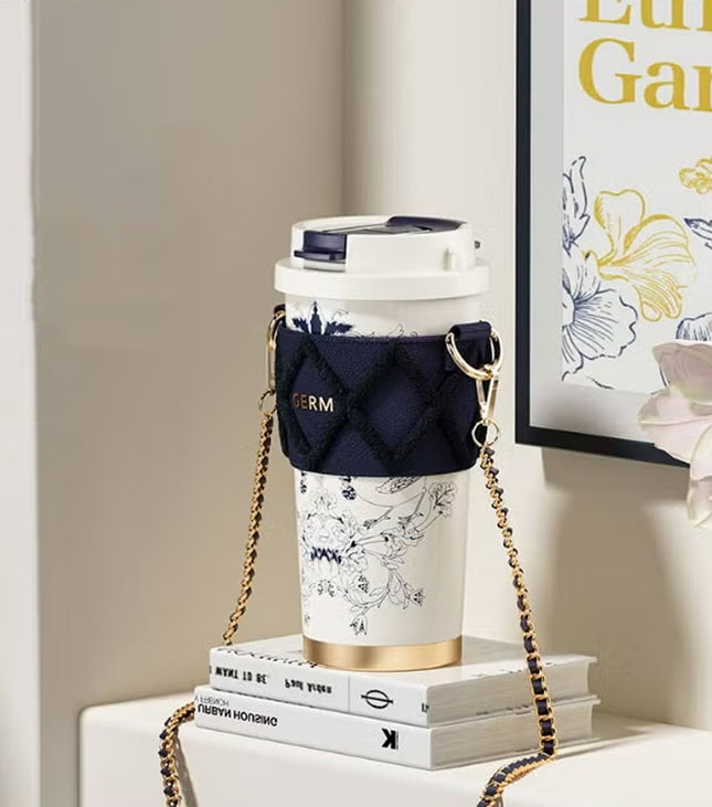 Oriental Blue Floral Thermos Tumbler 500ml | GERM × THE MET Regal Bloom Series Vacuum Mug | BPA-Free Stainless Steel Insulated Cup with Straw Lid | Hot & Cold Travel Bottle | Leak-Proof Art-Inspired Design