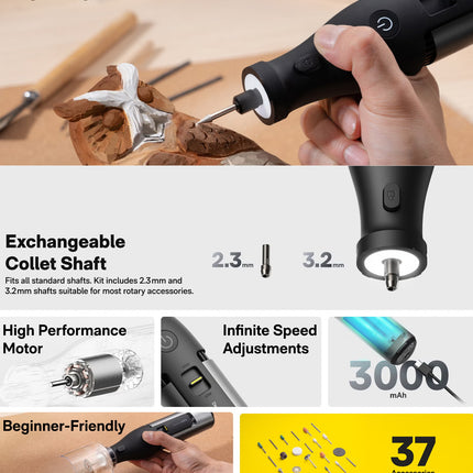 Electric Grinder – HOTO 12V Multi-Speed Rotary Tool, 35,000 RPM, Ergonomic & Lightweight Design for DIY & Home Projects – Gray – QWLDM002