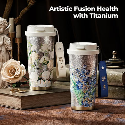 Van Gogh Irises Titanium Vacuum Tumbler 500ml | GERM × THE MET Series Insulated Flask with Straw Lid | Pure Titanium Leak-Proof Coffee Mug | BPA-Free Reusable Hot & Cold Travel Cup