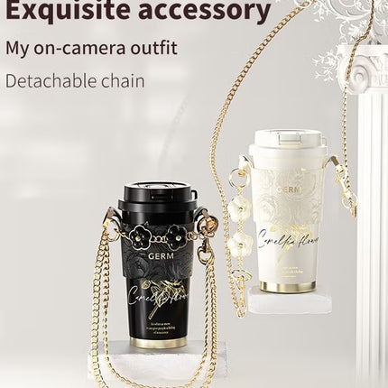 Black & Golden Coffee Tumbler 500ml | GERM Camellia Shining Series Stainless Steel Vacuum Flask with Straw Lid | BPA-Free Leak-Proof Travel Mug | Hot & Cold Insulated Reusable Cup | Stylish Metallic Thermos