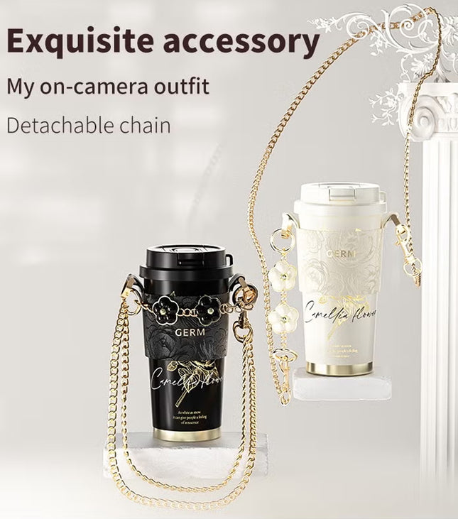 Black & Golden Coffee Tumbler 500ml | GERM Camellia Shining Series Stainless Steel Vacuum Flask with Straw Lid | BPA-Free Leak-Proof Travel Mug | Hot & Cold Insulated Reusable Cup | Stylish Metallic Thermos