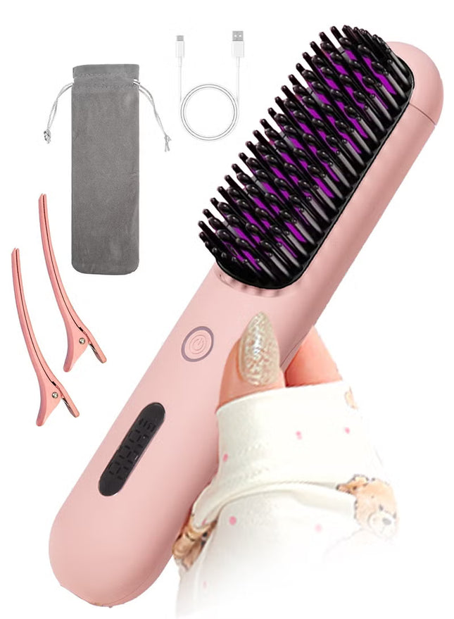 Cordless Hair Straightener Comb Detachable for Easy Clean, 200M Ions, 6 Speed Smart Temp, Dual Charging, Ideal for On - the - Go Styling - Pink