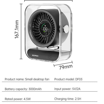 BOMIDI Portable 7-Blade Desktop Fan with LED Digital Display, 3000mAh Rechargeable Battery, Quiet Brushless Motor, Adjustable Angle, Type-C USB Charging – Mini Table Fan for Home, Office, Travel & Outdoor Use