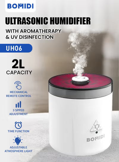 BOMIDI Ultrasonic Humidifier with Aromatherapy & UV Disinfection – 3-Speed Adjustment, 7-Color Light, Remote & Mechanical Control, Auto Shut-Off, Top Fill, Desktop & Bucket Mode - BMD - UH06