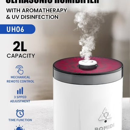 BOMIDI Ultrasonic Humidifier with Aromatherapy & UV Disinfection – 3-Speed Adjustment, 7-Color Light, Remote & Mechanical Control, Auto Shut-Off, Top Fill, Desktop & Bucket Mode - BMD - UH06