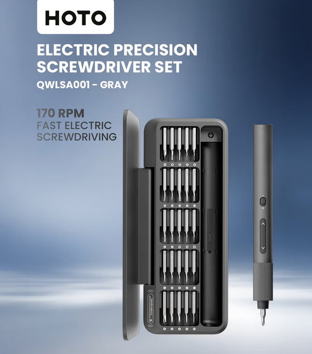 Electric Precision Screwdriver ADV – HOTO 170 RPM, 25 S2 Steel Bits, Shadowless LED, Dual Torque Modes, Magnetic Storage, Anti-Slip Grip – Gray – QWLSA001