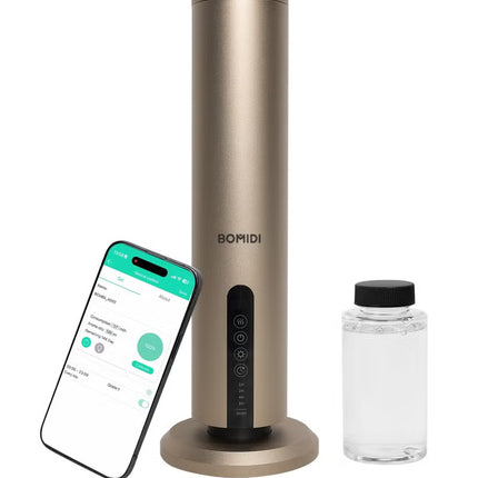 BOMIDI Waterless Aromatherapy Diffuser with 120ML Sandalwood Essential Oil – Smart Bluetooth & Touch Screen Scent Machine for Home, Office & Commercial Use (Venturi Tech, 100m² Coverage), BOMIDI AD02 Gold