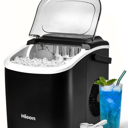 Automatic Ice Maker, 15kg 24hrs Ice Production, Round lce Cube Shape,1.3 Liter Capacity With 6-13mins Ice Making, LED Display 6.2kg 110W for Home Kitchen, Bars, Coffee Shops, Restaurant HZB-16M-Black