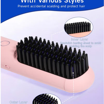 Cordless Hair Straightener Comb Detachable for Easy Clean, 200M Ions, 6 Speed Smart Temp, Dual Charging, Ideal for On - the - Go Styling - Pink